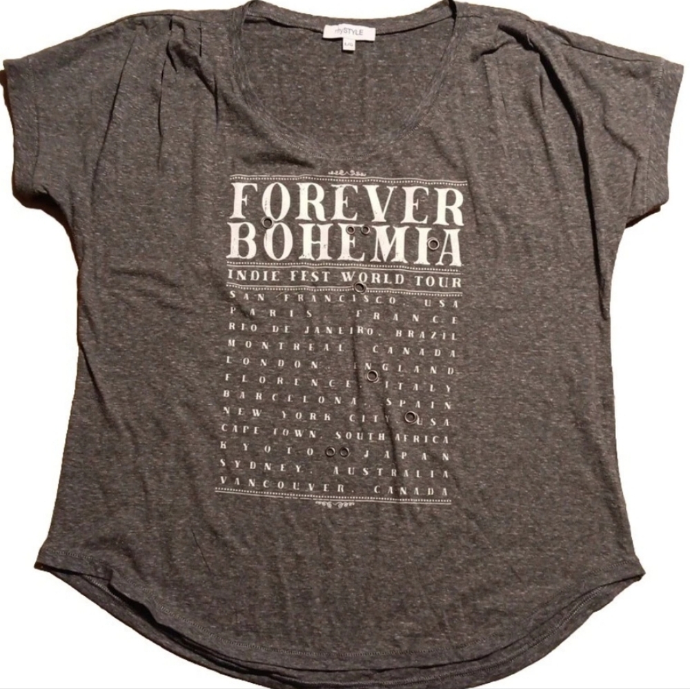 Mystyle Forever Bohemia Women L Indie Fest World Tour T-shirt Gray Grommets Boho